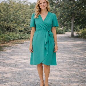 Donna Morgan Women’s Crepe Faux Wrap Dress Seagreen Sz 2 Feminine Self-Belt NWT